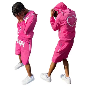 Veste coupe-vent unisexe légère en nylon avec capuche et fermeture éclair, imprimée, décontractée, pour l'extérieur, tenue d'été, ensemble court pour hommes et femmes - Product Image 3