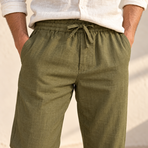 Pantaloni Casual da Uomo <span class=keywords><strong>Verde</strong></span> Oliva a Vita Media con Coulisse e Tasche Laterali 100% <span class=keywords><strong>Lino</strong></span> Personalizzabili con MOQ Basso - Product Image 3