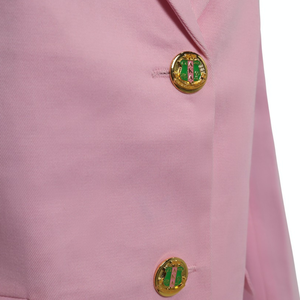 Women's Pink <b>Blazer</b> with Embroidered Crest <b>Gold</b> <b>Buttons</b> Long Sleeve Notched Lapel Fitted Jacket Green Printed Lining Flap Pocket - Product Image 4