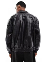 Blouson bomber noir gaufré pour homme, col rabattu, fermeture éclair, style streetwear, coupe ajustée, manches classiques, idéal pour l'automne