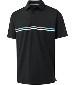 Polo classique noir à manches courtes, design moderne avec bande contrastante sur la poitrine, tissu polyester léger de qualité supérieure, confort toute la journée. - Product Image 1