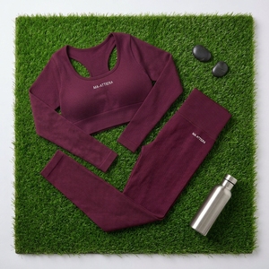Women Burgundy Ribbed <b>Long</b> <b>Sleeve</b> Crop Top High Waist Leggings Yoga <b>Set</b> <b>Gym</b> Fitness Workout Activewear <b>Set</b> - Product Image 5