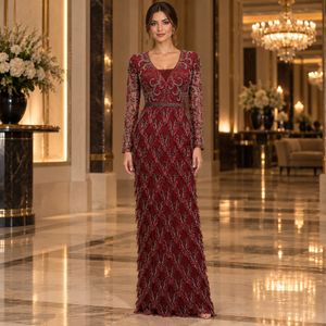 Robe de soirée ornée de paillettes |   Robe de soirée longue à manches longues et col en V avec dos ouvert, longueur au sol, pour fêtes, mariages et événements élégants - Product Image 2