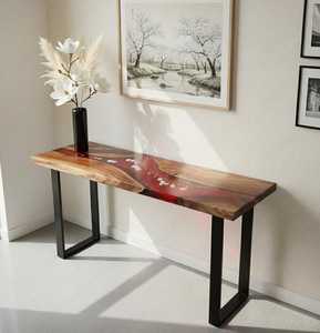 TIMELESS CRAFT Table console en résine époxy et bois de noyer, bord naturel Crimson River, faite à la main, meuble d'appoint d'entrée, luxe moderne - Product Image 1