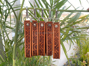 <b>Tooled</b> Leather Key <b>Clip</b> Western Leather Keychain Wristlet Personalized Key Fob Cowgirl Car Key Wristlet Key Strap Wrist Keychain - Product Image 4