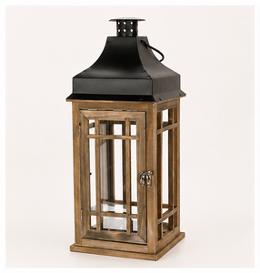Lanterne à bougie décorative en bois de style farmhouse avec dessus en métal, lanterne de table vintage pour la décoration de la maison et l'éclairage extérieur du patio - Product Image 1