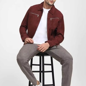 Men's <b>Burgundy</b> Suede Bomber <b>Jacket</b> Zipper Front Turn-down Collar Men <b>jacket</b> Casual Autumn Outerwear Wholesale Price - Product Image 4