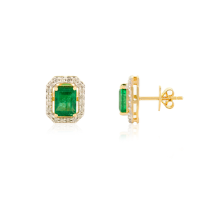 Beautiful High Quality 100% Genuine <b>Emerald</b> & Diamond Real 18K Yellow Gold Big Halo <b>Stud</b> <b>Earrings</b> Trendy Factory Custom Jewelry - Product Image 3