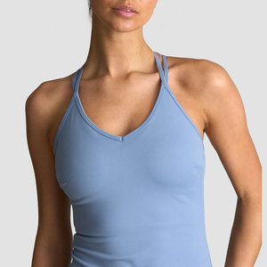 Quick Dry Ladies <b>Longline</b> Body Fit Tank Top Polyester Elastane Four Way Stretch V Neck Padded Built in <b>Bra</b> Tank Top - Product Image 3