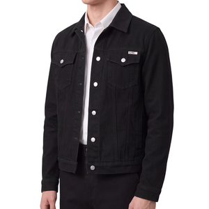 Veste en jean noire pour homme, style workwear, délavée, taille XL, col chemise, boutonnée, manches longues, poches à rabat sur la poitrine, poches latérales, coupe classique - Product Image 1
