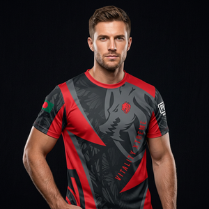 T-shirt à manches courtes imprimé Bangladesh Vitality Xtreme, col rond, tissu jersey à séchage rapide, design rouge et noir, logo sur la manche gauche - Product Image 4