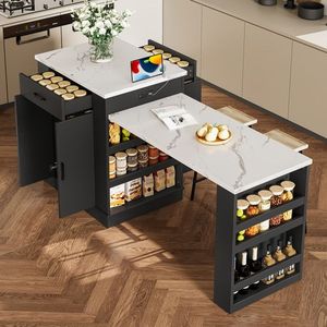 Mobiletto a doppia anta con ripiani aperti, isola estensibile con cassetti - Utilizzabile come tavolo da pranzo, isola cucina temporanea, carrello da cucina - Product Image 1