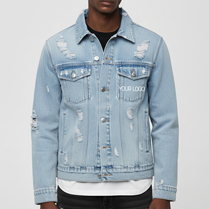 Chaqueta de Mezclilla Azul Claro para Hombre, Estilo Desgastado, Casual, con Botones al Frente, 100% Algodón, Corte Regular, Estilo Primavera - Product Image 4