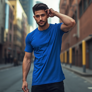 เสื้อยืดโพลีเอสเตอร์ผสมสแปนเด็กซ์สีน้ำเงินรอยัล 90/10 ยืดหยุ่นได้ แขนสั้น สำหรับออกกำลังกาย พร้อมบริการปรับแต่งแบบ OEM ODM - Product Image 3