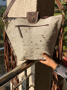 Hand Tooled Boho Style Women's Sling Bag Glitter Fur Leather Carving Tote Cute Cotton Logo Bohemian Fringe Leather Handbag - Product Image 5