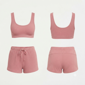 Ensemble soutien-gorge de sport côtelé pour femme, rose, maintien moyen, vêtements de yoga, couleur unie, respirant, en spandex et coton - Product Image 3
