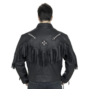 Premium Black Leather Men's Winter Windproof Fringe Jacket Western Cowboy <b>Biker</b> Style Embroidery <b>Patches</b> Customization Available - Product Image 3