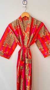 Robe longue pour femme à imprimé tigre rouge, manches trois quarts, col mandarin, vêtements de nuit décontractés, tissu tissé 100% coton - Product Image 4
