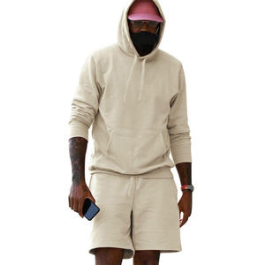 Ensemble de survêtements sportifs d'hiver en coton éponge 2 pièces pour hommes, avec impression numérique, broderie et délavage à l'acide, comprenant un sweat à capuche zippé et un short - Product Image 1