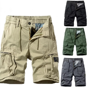 Shorts cargo d'été pour hommes, couleur unie, taille élastique, coupe ample, formel, confortable, droit, respirant, broderie frontale, 100 % coton - Product Image 1