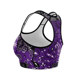 Sujetador deportivo para mujer con estampado de cachemira morado, espalda cruzada, soporte medio, cuello cuadrado, transpirable, top de fitness de elastano y poliéster - Product Image 5