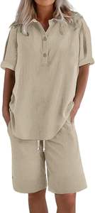 Ensemble de vêtements de détente en coton tricoté pour femmes, 1 pièce, décontracté, confortable, pantalon court, t-shirt long, respirant, vêtements de détente d'été - Product Image 2