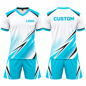 Tenue de football personnalisée blanche et cyan, col en V, manches courtes, 100 % polyester, impression par sublimation, anti-humidité, pour homme adulte - Product Image 1