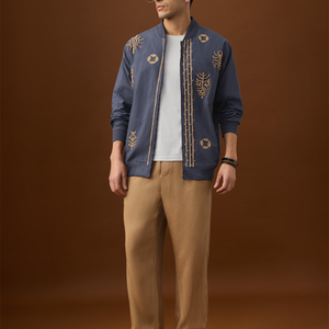 Men'<b>s</b> Navy Blue Bomber <b>Jacket</b> With Hand Embroidered Geometric Patterns Stand Collar Zipper Closure Casual Style - Product Image 2