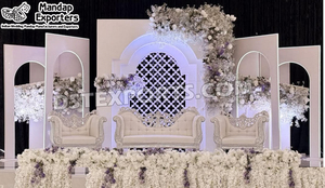 Paneles de fondo para escenario de boda árabe con acabado blanco de lujo, paneles de fondo para escenario de boda con cortinas verdes y decoración floral - Product Image 6