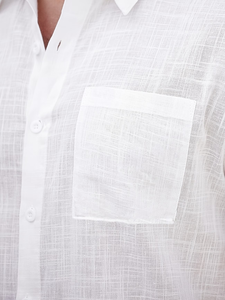 Men's White Short Sleeve Linen Shirt Solid Casual Breathable Summer Woven Fabric Button Down Collar Pocket Design - Product Image 6