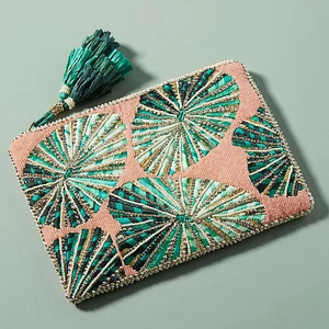Porte-monnaie perlé en Tyvek fait main, motif vert, design géométrique, pochette ouverte, grand et petit portefeuille, broderie de perles, mini élégant pour femme - Product Image 2