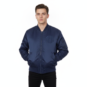 Chaqueta Bomber Azul Marino para Hombre con Logotipo Bordado, Cierre de Cremallera, Cuello Camisero, Ropa Casual de Otoño - Product Image 3
