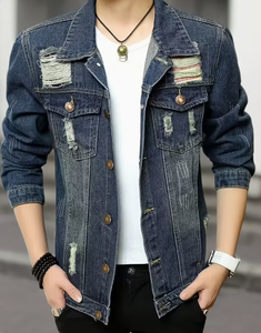 Chaqueta vaquera para hombre, azul, con lavado ácido y a la piedra, desgastada, con patchwork y rasgaduras, estilo casual urbano, cierre de botones, corte regular - Product Image 6