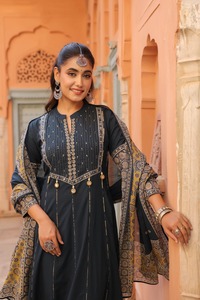 Designer Steel <b>Grey</b> Cotton Anarkali <b>Suit</b> Set with Flared Kurta Coordinated <b>Trousers</b> and Ethnic Printed Dupatta for Ladies - Product Image 4