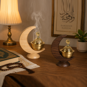 Magnifique ensemble de brûleurs d'encens en forme de croissant de lune avec des dômes dorés ornés d'étoiles et des supports en bois aux finitions claires et foncées - Product Image 4
