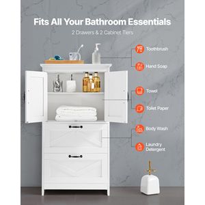 Mobile da Bagno Moderno a 4 Ripiani con 2 Ante e 2 Cassetti, Organizzatore in Legno MDF Regolabile - Product Image 2
