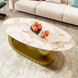 Tavolino da Caffè Ovale Moderno con Base in Acciaio Inox Dorato e Piano in Pietra Sinterizzata Effetto Marmo 120 cm per Soggiorno - Product Image 3