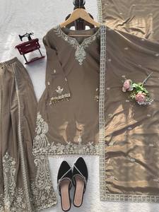 Conjunto de Sharara Salwar Kameez Bordado Marrón, Ropa Étnica para Mujer, Vestido con Dupatta para Bodas y Fiestas - Product Image 5