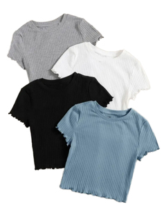 T-shirt côtelé moulant à manches courtes et col rond pour femme, couleur unie, tricoté, décontracté, respirant, avec logo imprimé, printemps-été - Product Image 1