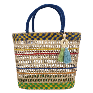 Handwoven Seagrass Vintage Tote with Open Closure Multicolor Stripe Pattern Tassel Decor Natural <b>Woven</b> Beach Shopping <b>Bag</b> - Product Image 1