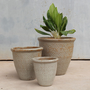 Ensemble de pots à fleurs en argile rustique, motif circulaire, sculptés à la main, écologiques, jardinières d'extérieur, trou de drainage pour fleurs, vert - Product Image 2