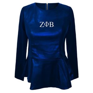 Blusa Elegante de Manga Larga Azul para Mujer, Marca Zeta Phi Beta, con Detalles en Cuero Vegano, Prenda de la Hermandad Griega, Camisa Estilosa - Product Image 1