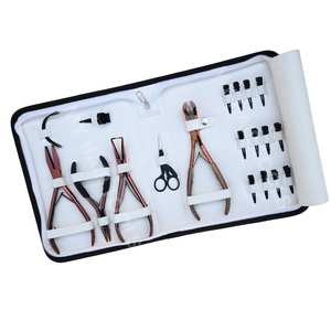 Rose Gold Hair Extension Tools <b>Set</b> Silicone Padded Tape-In Press Tool Three Hole Nano Bead <b>Plier</b> & Scissor Curved Needles - Product Image 1