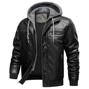 Chaqueta de Cuero para Hombre, Chaqueta de Motociclista, Chaqueta Cortavientos de PU con Capucha Desmontable - Product Image 2