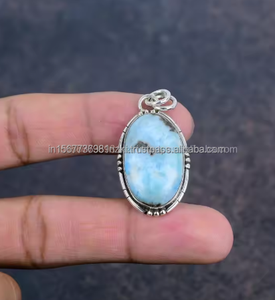 Collar con colgante de Larimar Natural, colgante de piedras preciosas de plata de ley sólida 925, joyería de Larimar de forma ovalada, regalo de cumpleaños para Her-Him - Product Image 1