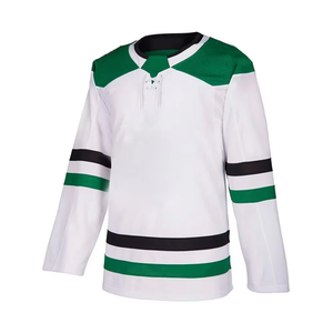 Camiseta de Hockey sobre Hielo Sublimada Personalizada para Hombre, Blanca, Verde y Negra, con Rayas, Manga Larga, Absorbente de Humedad, Corte Regular, Ropa Deportiva para Adultos - Product Image 1