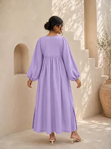 Elegant Lavender Soldi Plain Cotton Maxi <b>Dress</b> With V-Neck Puff Sleeve <b>Loose</b> Fit Boho Style Summer Casual <b>Dress</b> For Women - Product Image 3