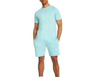 Men's Light Blue Solid Crew Neck T-Shirt <b>Set</b> <b>Knitted</b> Cotton Breathable Casual Summer Shorts ODM OEM - Product Image 4