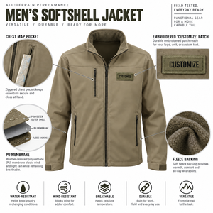 2026 Men's Softshell <b>With</b> Fleece Lining <b>Jacket</b> Stand Collar Full <b>Zipper</b> Closure Windproof Casual Outdoor Wear <b>With</b> Front <b>Pocket</b> - Product Image 6