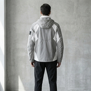 <b>Men</b> Gray <b>White</b> Hooded Windbreaker <b>Jacket</b> Geometric Panel Full Zip Lightweight Outdoor Sports <b>Jacket</b> - Product Image 5